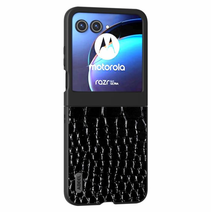 Bild 1, Motorola Razr 50 5G Skal Äkta Läder Krokodil Textur Svart