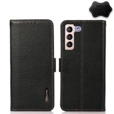 KHAZNEH Samsung Galaxy S22 Fodral RFID Litchi Äkta Läder Svart