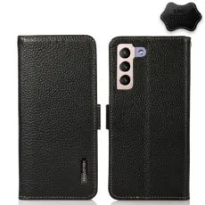 KHAZNEH Samsung Galaxy S22 Fodral RFID Litchi Äkta Läder Svart