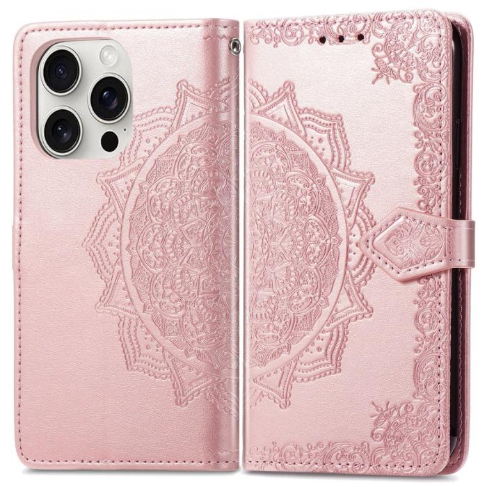 Bild 1, iPhone 16 Pro Fodral Mandala Läder Roséguld