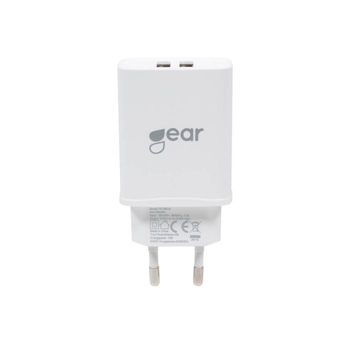 Bild 1, GEAR Väggladdare 2xUSB 3.1A Inkl. MicroUSB Kabel 1m Vit