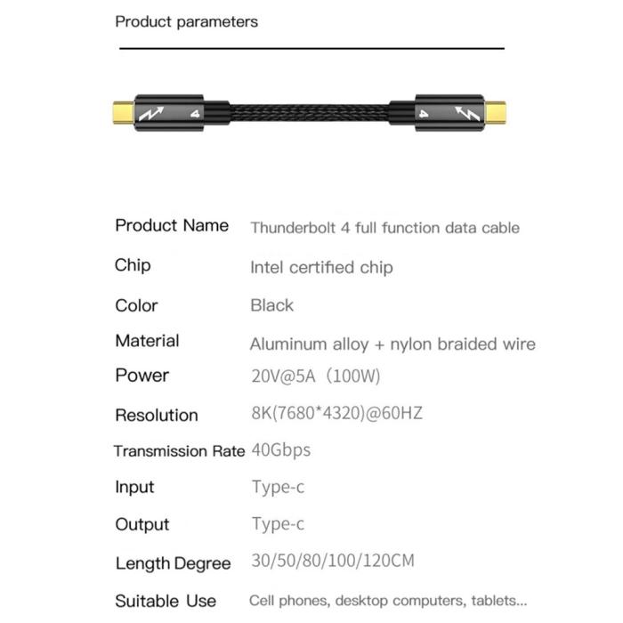 Bild 5, Thunderbolt 4 Kabel 30cm USB-C 100W 8K 60Hz PD Svart