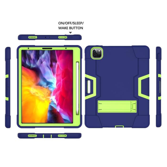 Bild 3, iPad Pro 12.9 (2020/2021) - Shockproof Skal Med Kickstand - Mörk Blå/Grön