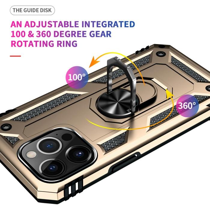 Bild 5, iPhone 13 Pro Max - Shockproof Hybrid Armor Ring Skal - Guld