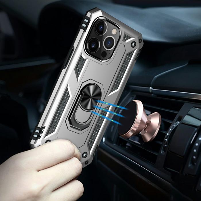 Bild 3, iPhone 13 Pro Max - Shockproof Hybrid Armor Ring Skal - Silver