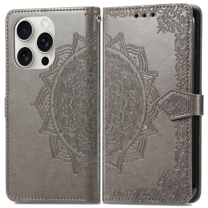 Bild 1, iPhone 16 Pro Fodral Mandala Läder Grå