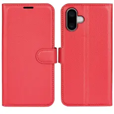 iPhone 16 Fodral Litchi Textur L&auml;der R&ouml;d