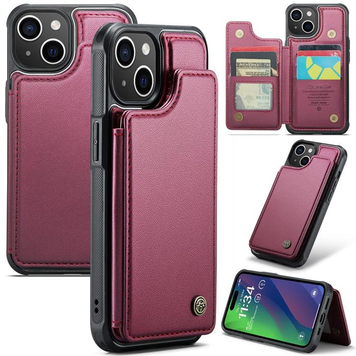 Bild 1, CASEME iPhone 15 Plus Skal RFID Kickstand Plånbok Vinröd