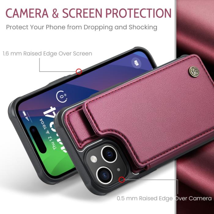 Bild 5, CASEME iPhone 15 Plus Skal RFID Kickstand Plånbok Vinröd