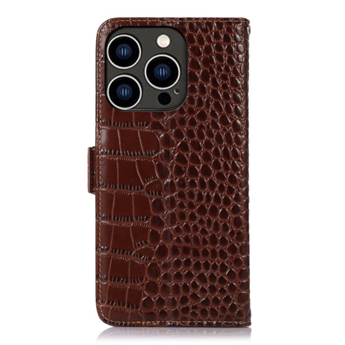 Bild 3, iPhone 15 Pro Fodral Läder Krokodil Textur Brun