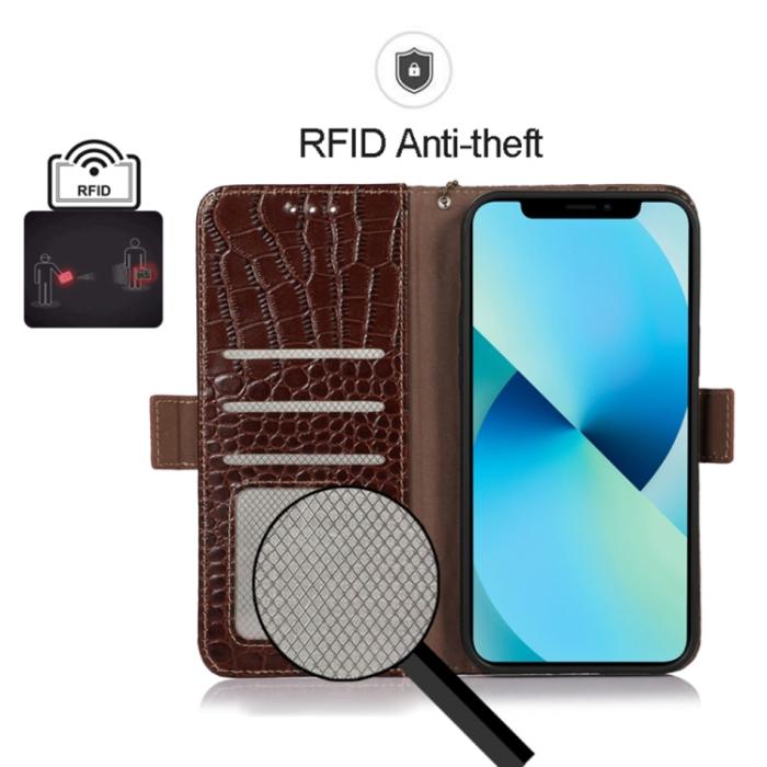 Bild 4, iPhone 15 Pro Fodral Läder Krokodil Textur Brun