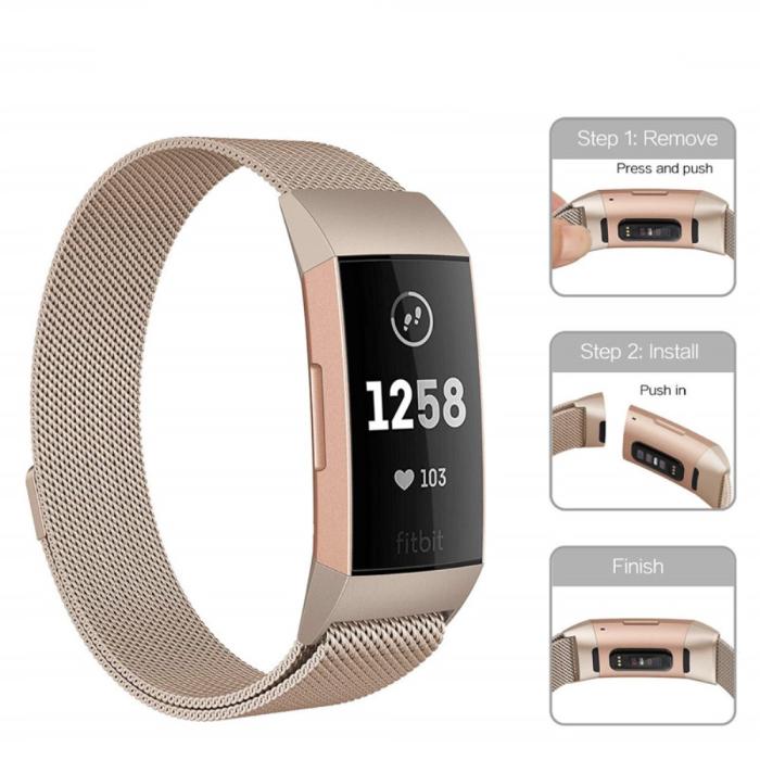 Bild 2, Milanese Loop Metall Armband Fitbit Charge 4/3 Champagne Guld
