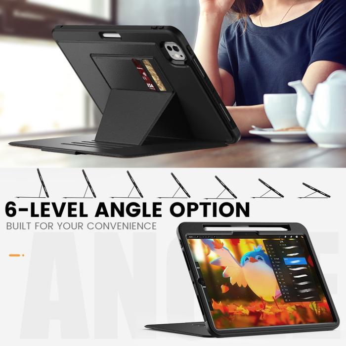 Bild 3, iPad Pro 11 2024 Fodral Läder Kickstand Korthållare Svart