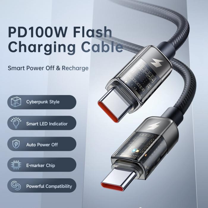 Bild 2, Mcdodo 1.8m 100W USB-C - USB-C Auto Off Kabel Svart