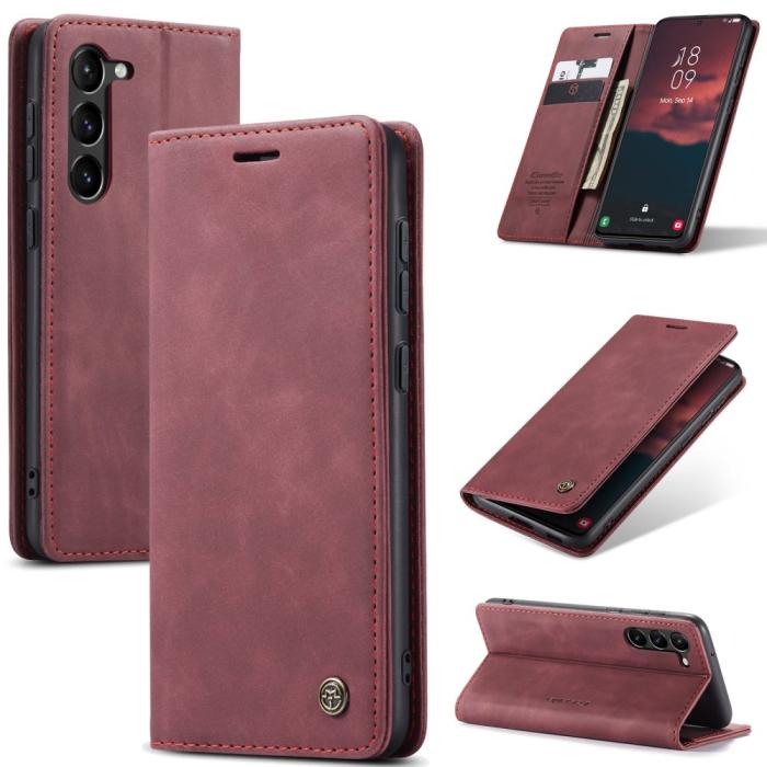 Bild 1, CASEME Galaxy S24 Plus Fodral Flip Retro Läder Vinröd