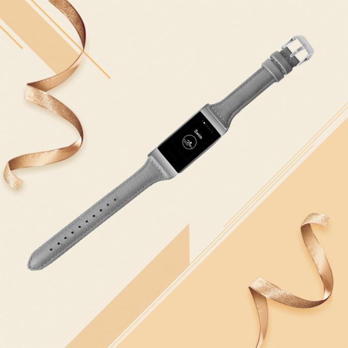 Bild 3, Äkta Läder Armband Fitbit Charge 4/3 Grå