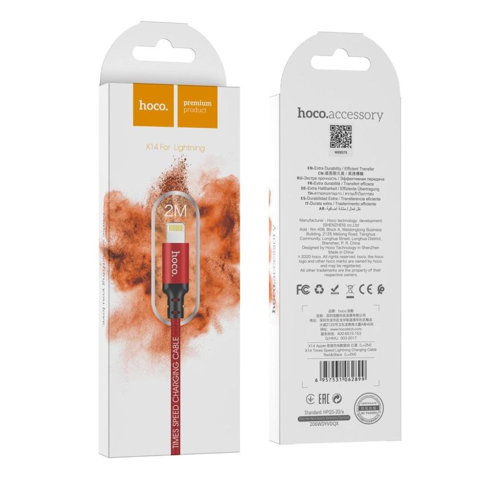 Hoco Lightning 2m Nylon Kabel - Röd