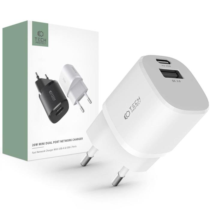 Bild 1, Tech-Protect 20W Mini Väggladdare PD QC USB-C / USB-A Vit
