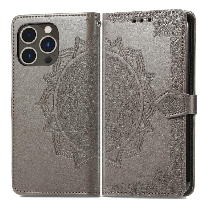 Bild 2, iPhone 15 Pro Max Fodral Mandala Läder Grå