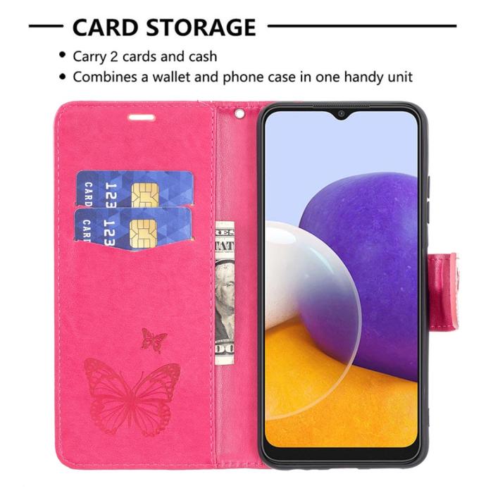 Bild 5, Samsung Galaxy A22 5G - Butterfly Läder Fodral - Rosa