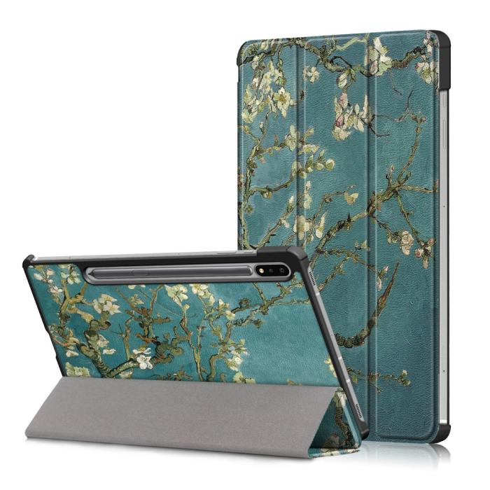 Bild 1, Galaxy Tab S7 FE/S7 Plus/S8 Plus Tri-Fold Läder Fodral Peach Blossom