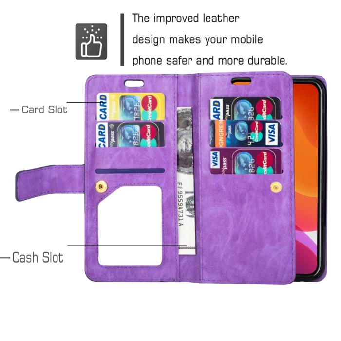 Bild 2, iPhone 13 Pro Max - Multifunktionellt Flerkort Läder Fodral - Lila