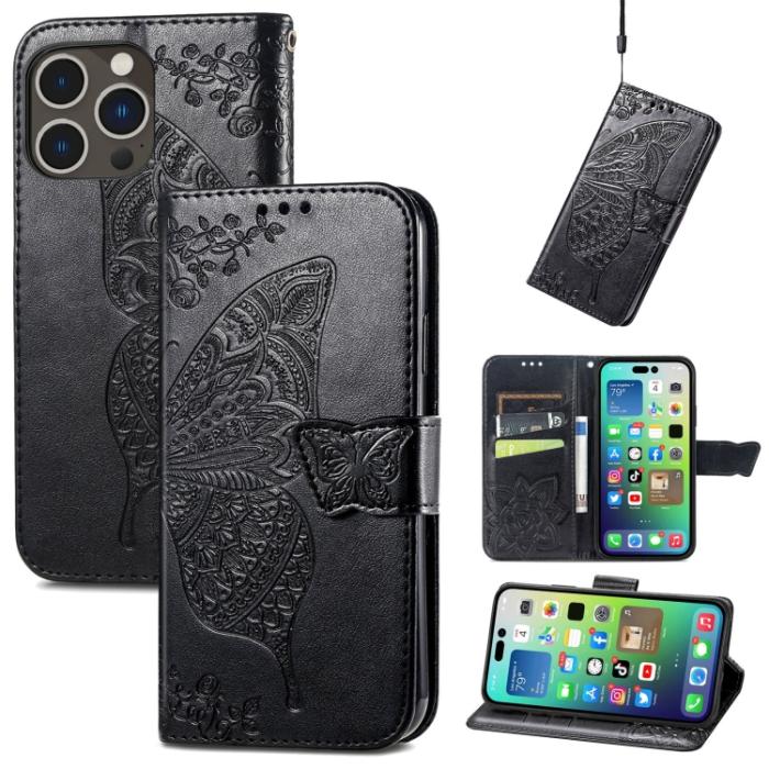 Bild 1, iPhone 15 Pro Max Fodral Läder Fjäril Tryck Svart