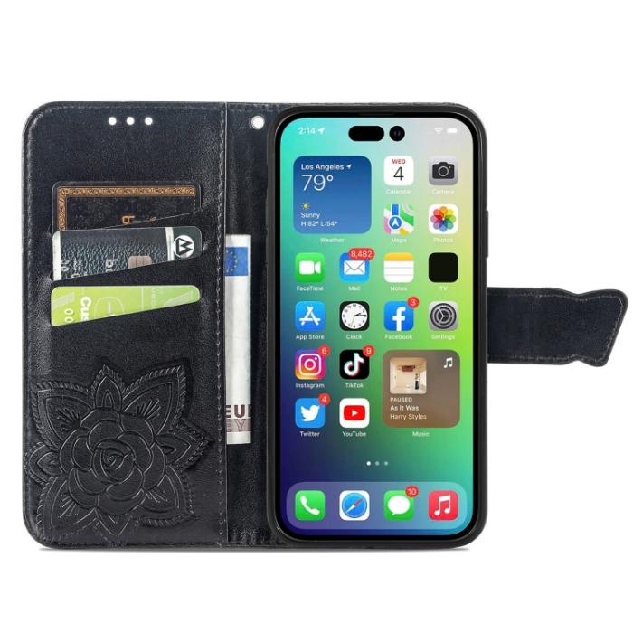 Bild 3, iPhone 15 Pro Max Fodral Läder Fjäril Tryck Svart