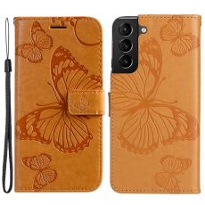 Samsung Galaxy S22 Plus Fodral Fjärilar Tryckt Läder Ljus Brun