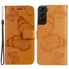 Samsung Galaxy S22 Plus Fodral Fjärilar Tryckt Läder Ljus Brun