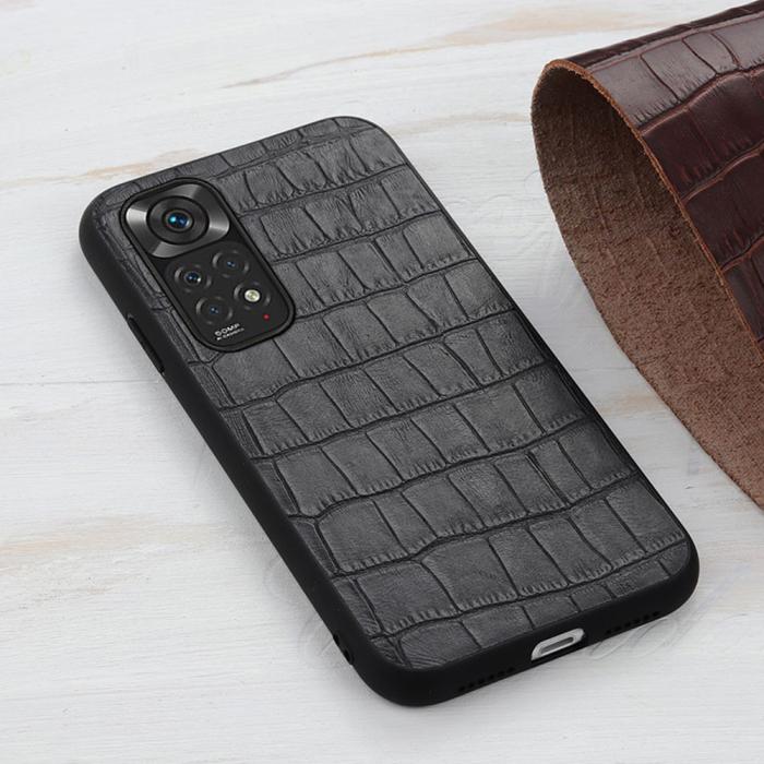 Bild 3, Xiaomi Redmi Note 11 4G Skal Äkta Läder Krokodil Textur Svart