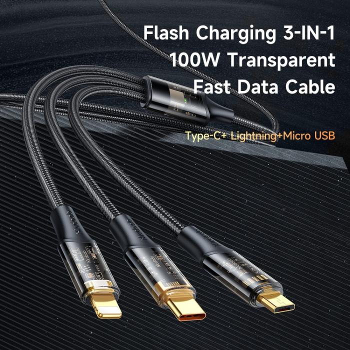 Bild 2, Mcdodo 1.2m 100W 3in1 Lightning/USB-C/MicroUSB Svart