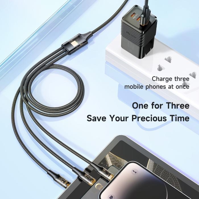 Bild 3, Mcdodo 1.2m 100W 3in1 Lightning/USB-C/MicroUSB Svart