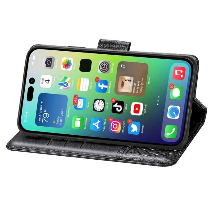Bild 4, iPhone 15 Pro Max Fodral Läder Fjäril Tryck Svart