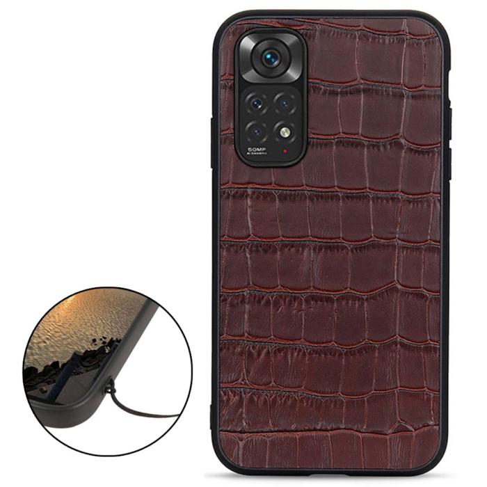 Bild 2, Xiaomi Redmi Note 11 4G Skal Äkta Läder Krokodil Textur Brun