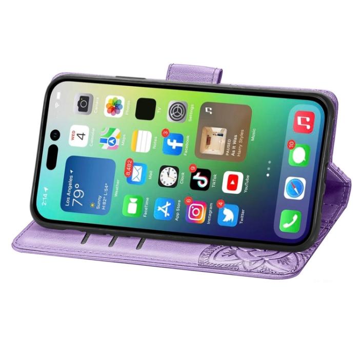 Bild 4, iPhone 15 Pro Max Fodral Läder Fjäril Tryck Lila