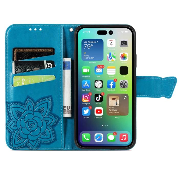 Bild 3, iPhone 15 Pro Max Fodral Läder Fjäril Tryck Blå