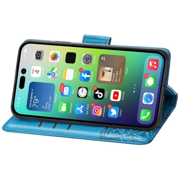 Bild 4, iPhone 15 Pro Max Fodral Läder Fjäril Tryck Blå