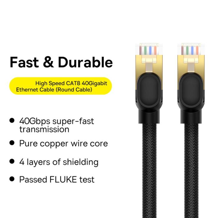 Bild 2, BASEUS 1 m Cat8 40Gbps RJ45 Nätverkskabel Svart