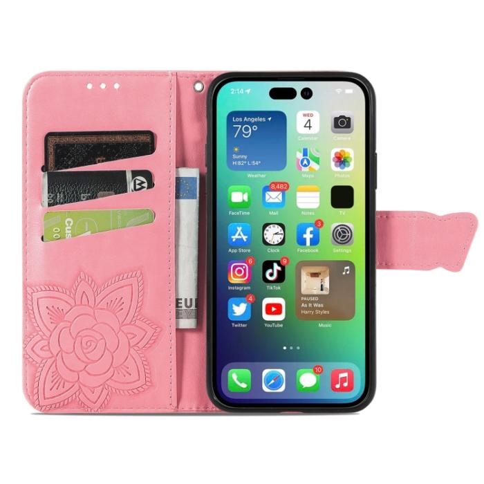 Bild 3, iPhone 15 Pro Max Fodral Läder Fjäril Tryck Rosa