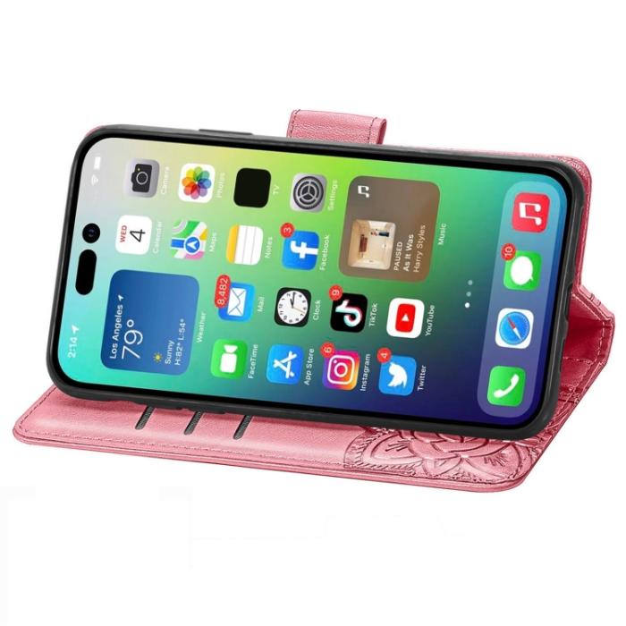 Bild 4, iPhone 15 Pro Max Fodral Läder Fjäril Tryck Rosa