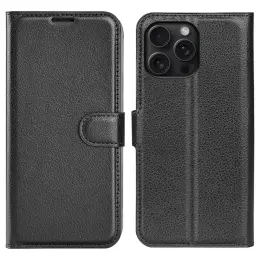 iPhone 16 Pro Fodral Litchi Läder Svart