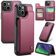 CASEME iPhone 15 Skal RFID Kickstand Pl&aring;nbok Vinr&ouml;d