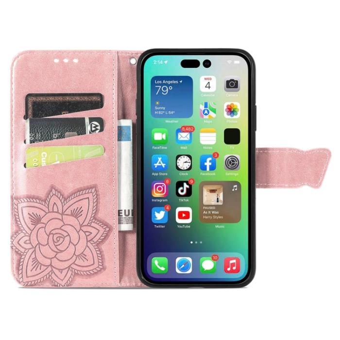 Bild 3, iPhone 15 Pro Max Fodral Läder Fjäril Tryck Roséguld