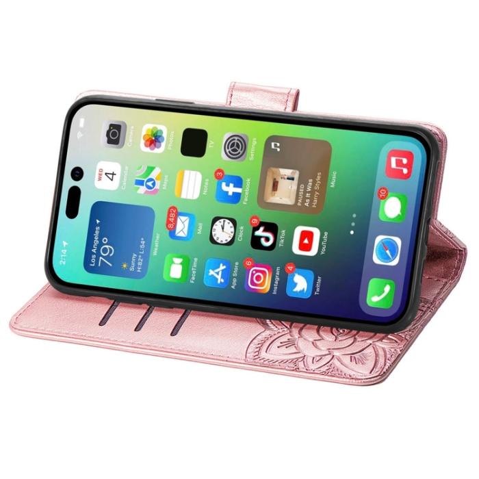 Bild 4, iPhone 15 Pro Max Fodral Läder Fjäril Tryck Roséguld