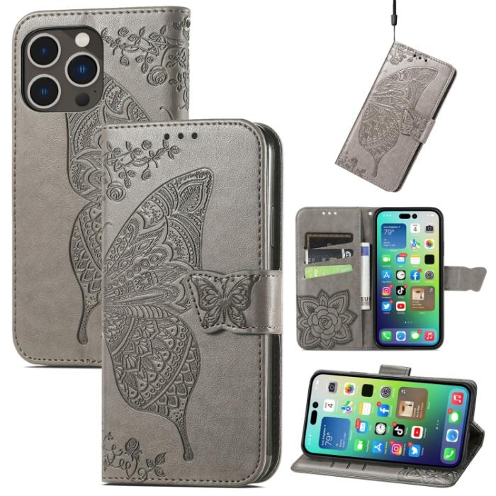 Bild 1, iPhone 15 Pro Max Fodral Läder Fjäril Tryck Grå