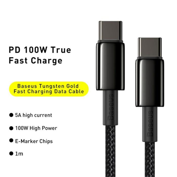Bild 2, Baseus 1m 100W USB-C - USB-C Kabel Tungsten Gold Series Svart