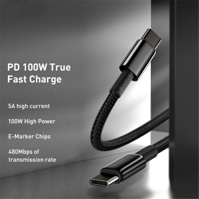Bild 3, Baseus 1m 100W USB-C - USB-C Kabel Tungsten Gold Series Svart