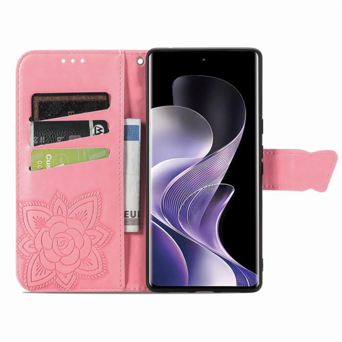 Bild 2, Xiaomi Redmi Note 14 Pro 5G Fodral Läder Fjäril Tryck Rosa