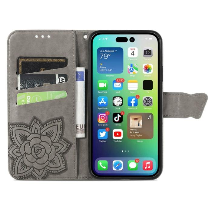 Bild 3, iPhone 15 Pro Max Fodral Läder Fjäril Tryck Grå